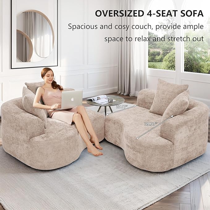 109” Curved Sectional Sofa Chenille Fabric Modular Cloud Couch No Assembly Required Half Moon Couch with Deep Seat 4 Pillows for Living Room Apartment Bedroom