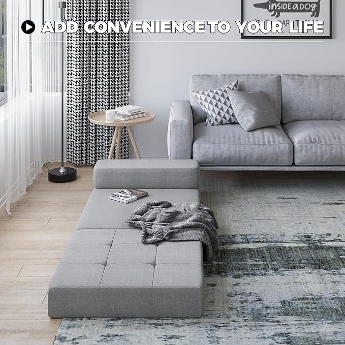 Convertible Folding Sofa Bed Couch - Light Grey Memory Foam Fold Out Couches Modern Linen Foldable Mattress Sleeper Chair for Living Room/Home Office/Apartment