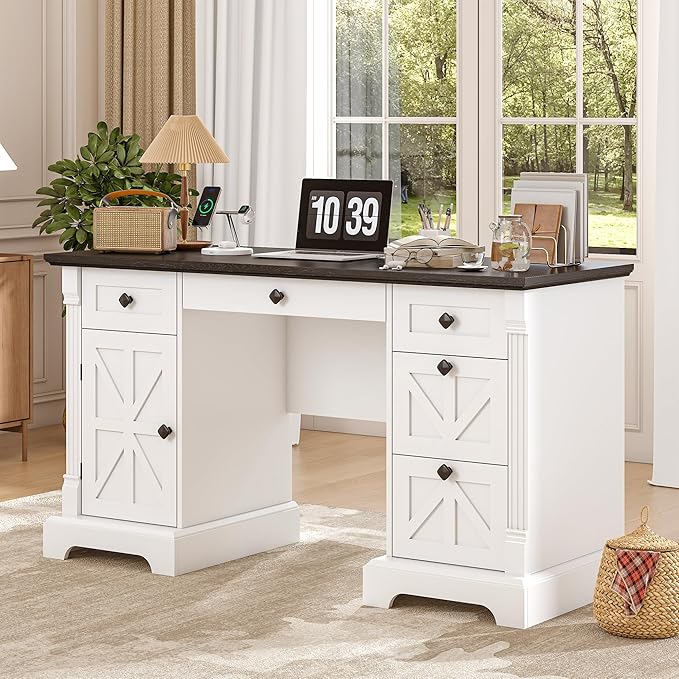 Bigbiglife 55 Office Desk with Drawers Farmhouse Executive Desk with Charging Station Hidden Cabinet File Cabinet Storage Wood Computer Desk with 5 Drawers for Work Study Writing White
