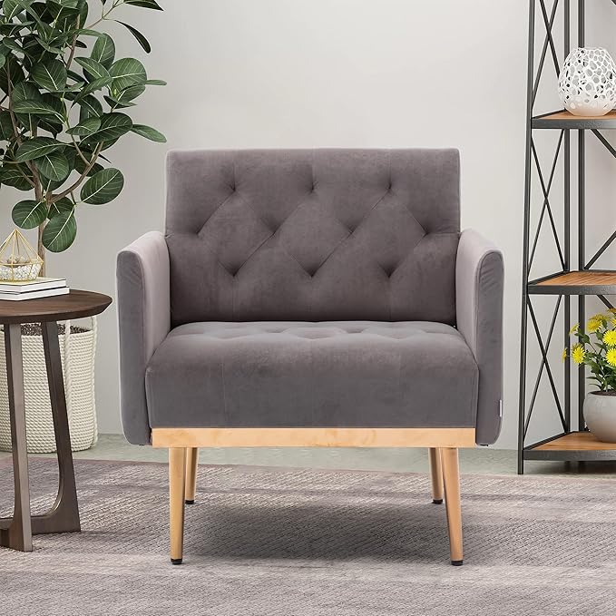 Modern Accent Chair Upholstered Single Sofa Arm Chair for Living Room and Bedroom Upholstered Comfy Armchair Chair with Solid Tapered Metal Legs (Gray)