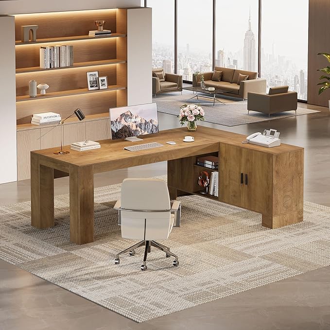 Tribesigns L-Shaped Executive Desk 78-Inch Office Desk with Storage Cabinet and 2-Tier Shelf Large Wooden Computer Writing Table Business Furniture Workstation for Home Office Brown