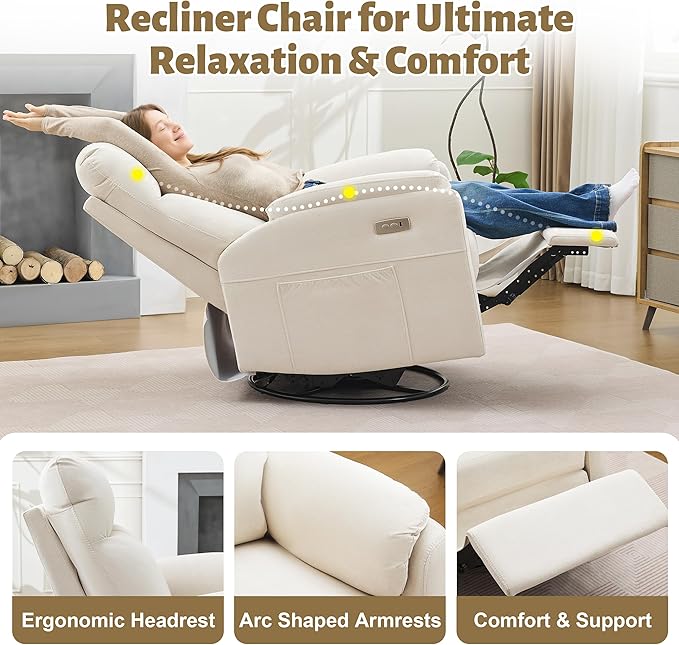 Power Glider Recliner Nursery Rocking Chair with USB Ports Glider Chair with Lumbar Pillow for Living Room Glider Swivel Recliner Chair for Nursery(Beige)