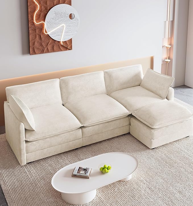 ROWHY 112'' Oversized Modular Sectional Cloud Couch with Movable Ottoman 4 Seat Modern Corduroy Sofa Deep Seat L Shaped Couch for Living Room Bedroom Apartment Cream