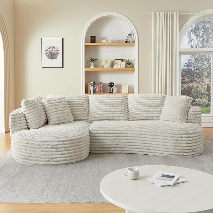KEIKI 120 Oversized Curved Cloud Couch Modern Sectional Sofa for Apartments and Lofts Deep Corduroy Seating with Chaise Compression Foam Design No Assembly Required