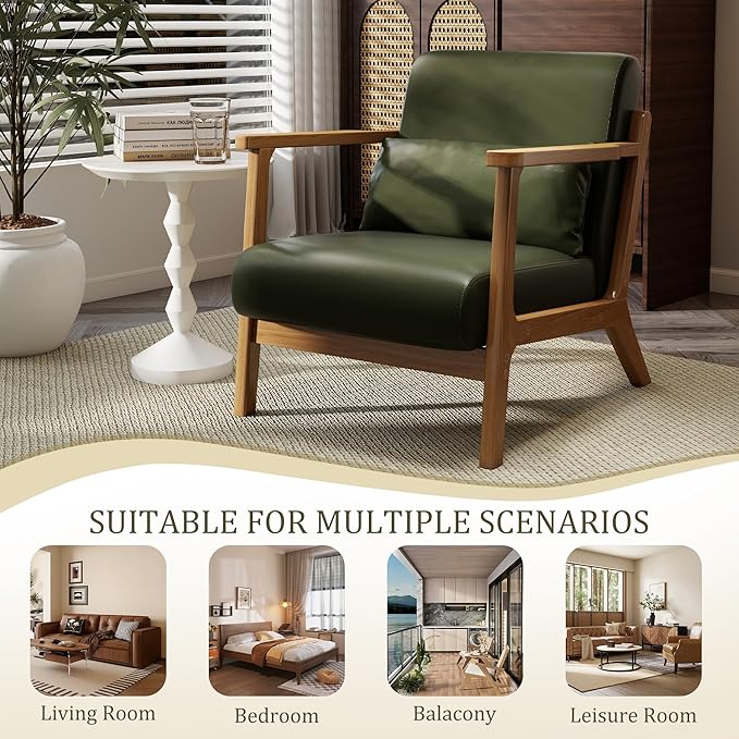 Accent Chair and Ottoman Set Mid-Century Modern Faux Leather Upholstered Lounge Armchair with Pillow Solid Wood Frame &amp Comfortable Cushion for Living Room Bedroom Balcony Green