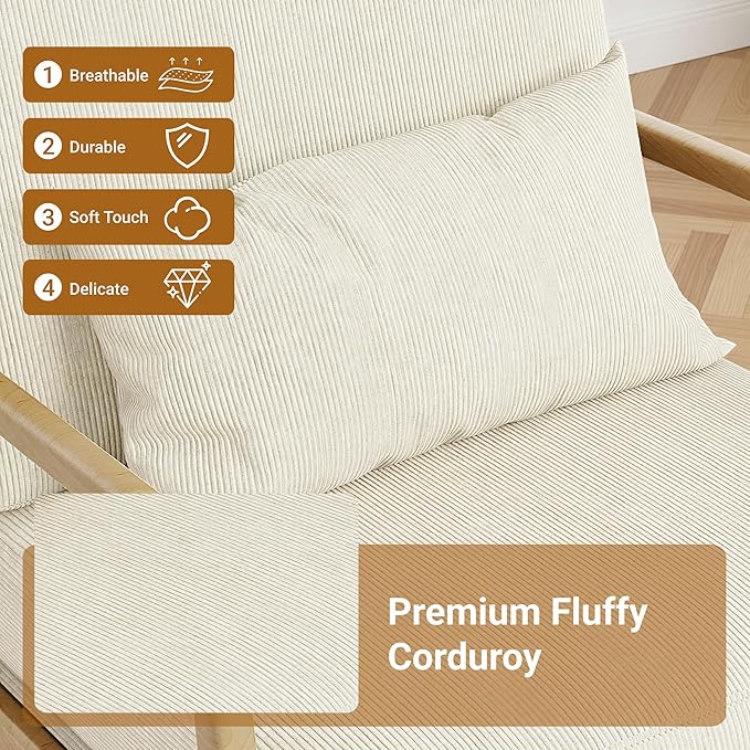 Claiks Mid-Century Modern Accent Chair Living Room Armchair with Solid Wood Frame &amp Lumbar Pillow Comfy Upholstered Lounge Chair for Bedroom Office Corduroy Beige