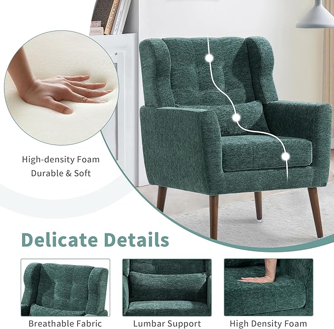 Modern Accent Chair Upholstered Arm Chair with Waist Pillow Single Sofa Chair for Living Room Bedroom Small Spaces (Green)