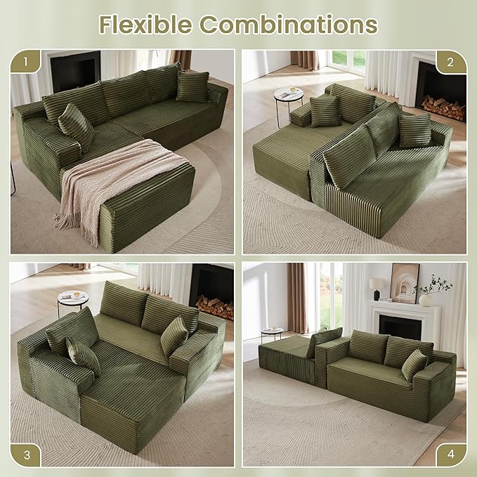 103'' Modular Sectional Sofa with Deep Seat Comfy L Shaped Couch Modern Cloud Couch with Oversized Chaise Corduroy No Assembly Required for Living Room Bedroom Green