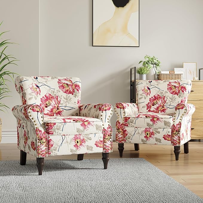 Wingback Accent Chairs Set of 2 Mid-Century Modern Upholstered Armchair Living Room Chair with Nailhead Trim &amp Rolled Armrest Floral Pattern Reading Chair Single Sofa Chair for Bedroom Plants W