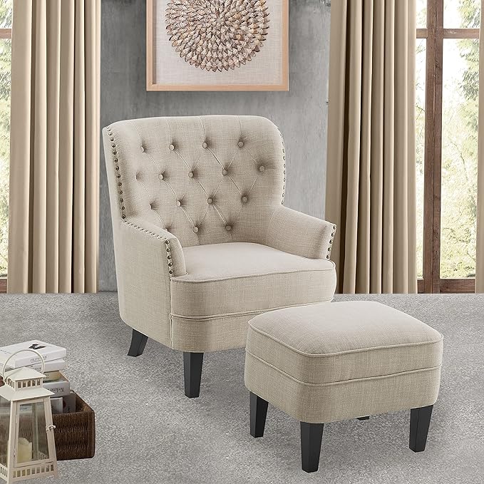 Rosevera Accent Chair with Ottoman Set - Mid-Century Modern Upholstered Armchair for Living Room or Bedroom - Comfy Reading Chair with Footrest Small Accent Chair - Beige