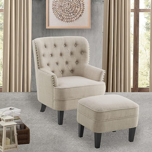 Rosevera Accent Chair with Ottoman Set - Mid-Century Modern Upholstered Armchair for Living Room or Bedroom - Comfy Reading Chair with Footrest Small Accent Chair - Beige