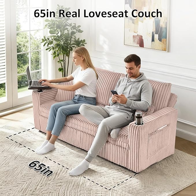 65in Sleeper Sofa Bed Convertible Pull Out Couch with Small Table| USB Port | Cup Holder | Corduroy Fabric | Adjustable Backrest for Apartment Office Bedroom Guest Room (Pink)