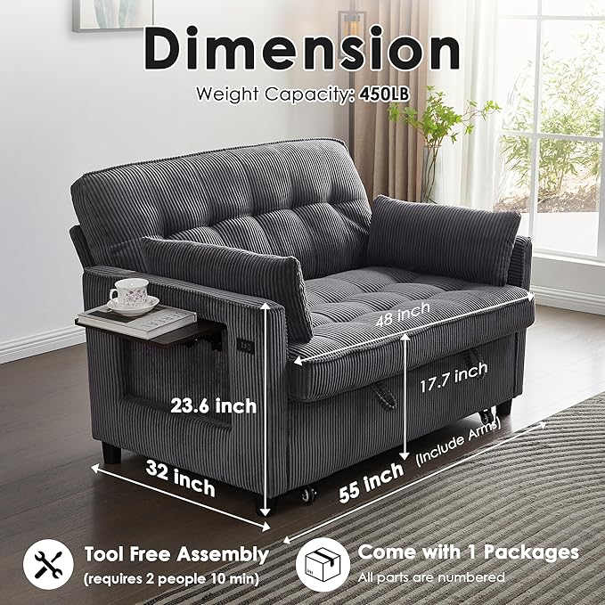 Sleeper Sofa Bed 55‘’ Convertible Pull Out Couch with Small Table| USB Port | Side Pockets | Corduroy Fabric | Adjustable Backrest for Apartment Office Bedroom Guest Room