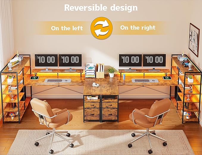 L Shaped Desk with Monitor Stand 63'' Reversible U Shaped Office Desk with 6 Tire Storage Shelves &amp 2 Fabric Drawers Gaming Desk with Power Outlet &amp LED Strip Rustic Brown