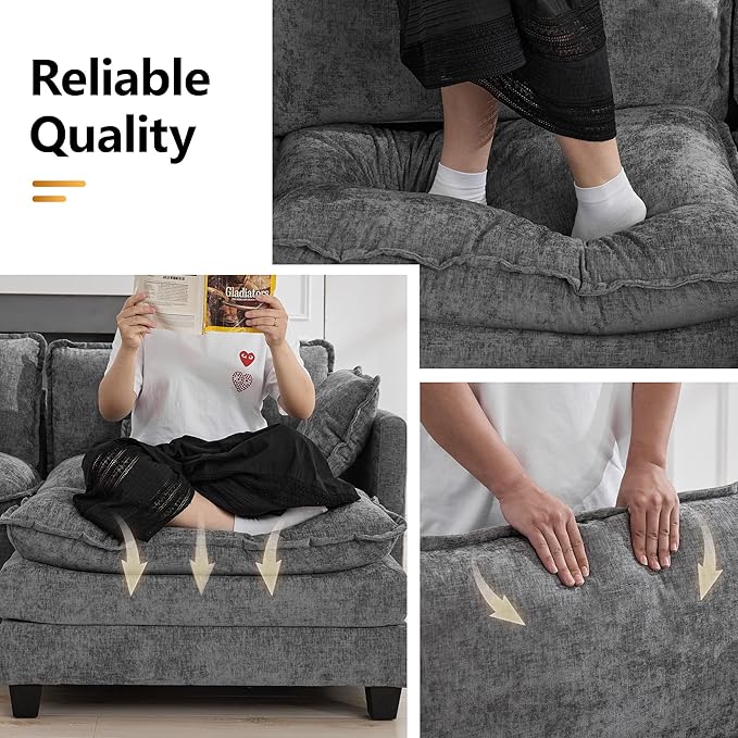 111'' Sectional Cloud Deep Seat Couch Modern Comfy Chenille Modular Sectional Sofa for Living Room Set Upholstered Modular 3-Seats Sofa Couch Grey