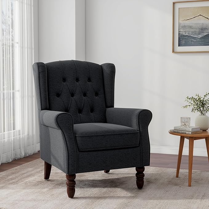 Accent Chair Upholstered Armchair with Button Tufted High Back &amp Solid Wood Legs Comfy Wingback Reading Single Sofa Chair for Small Spaces Living Room Bedroom (Blue Set of 1)