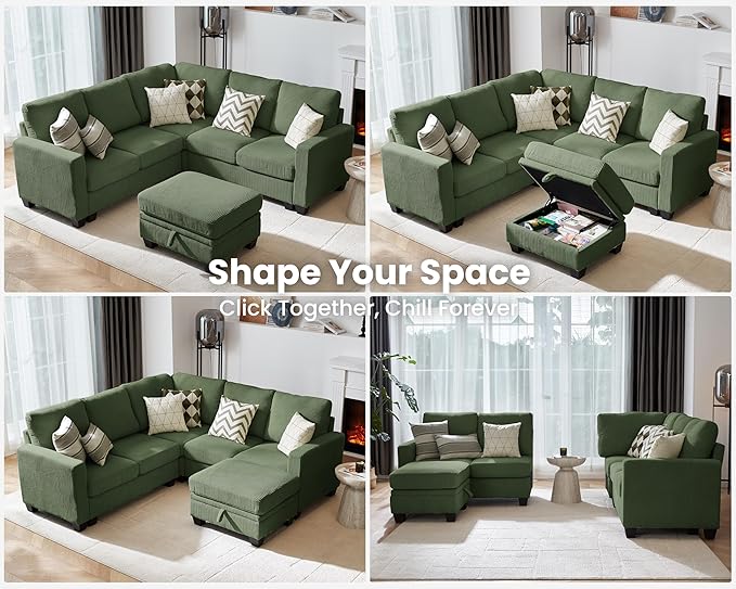 CHIC HOUSE Modular Sectional Couch| Corduroy L Shaped Sleeper Sofa U-Shape Sofa Bed Convertible Chaise with Storage Ottoman for Living Room Modern Furniture (Green 6 Seater L-Shaped)
