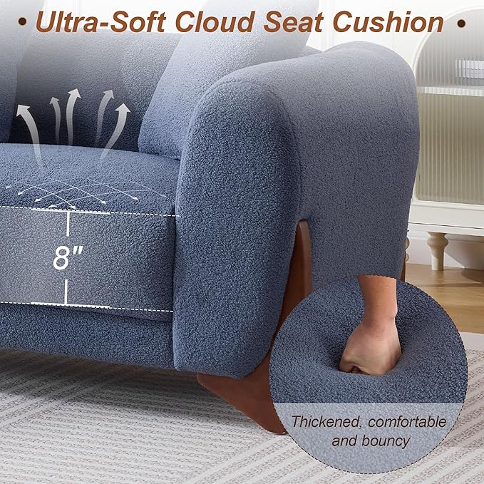 87 Sherpa Boucle Cloud Couch Modern 3 Seater Sofa with Solid Wood Legs 25 Extra Deep Seat Comfy Thick Cushion Upholstered Sofa Couches with 3 Pillows for Living Room Blue