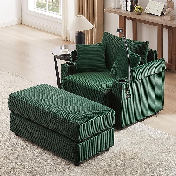Merax Modern Corduroy Single Sofa with Ottoman Two USB Ports &amp Cup Holders Small Couch with Pillows &amp Phone Holder for Living Room Green
