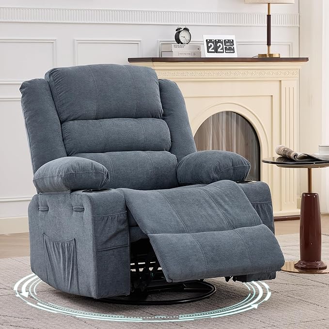 Swivel Rocker Recliner Chair for Adults 360° Rocking Manual Glider Sofa with 3 Positions 2 Cup 4 Pocket for Living Room or Nursery (Blue)