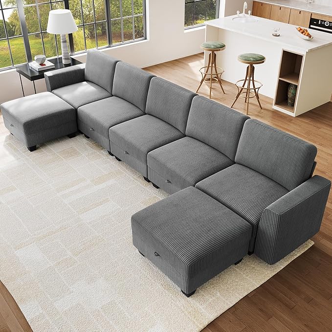 140 Large u Shaped Couch Oversized Modular Sectional Sofa with Storage Ottoman 7-Seater Comfy Combination Sofa Deep Seat Couches for Living Room Corduroy Grey
