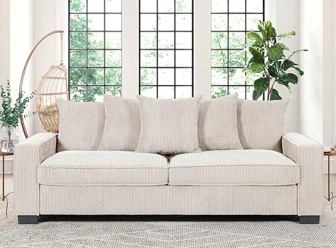 Luxe Corduroy Sofa with 5 Matching Toss Pillows Sleek Design Spacious and Comfortable 3 Seater Couch for Modern Living Room Large Ivory