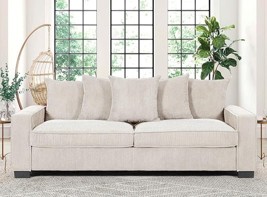Luxe Corduroy Sofa with 5 Matching Toss Pillows Sleek Design Spacious and Comfortable 3 Seater Couch for Modern Living Room Large Ivory