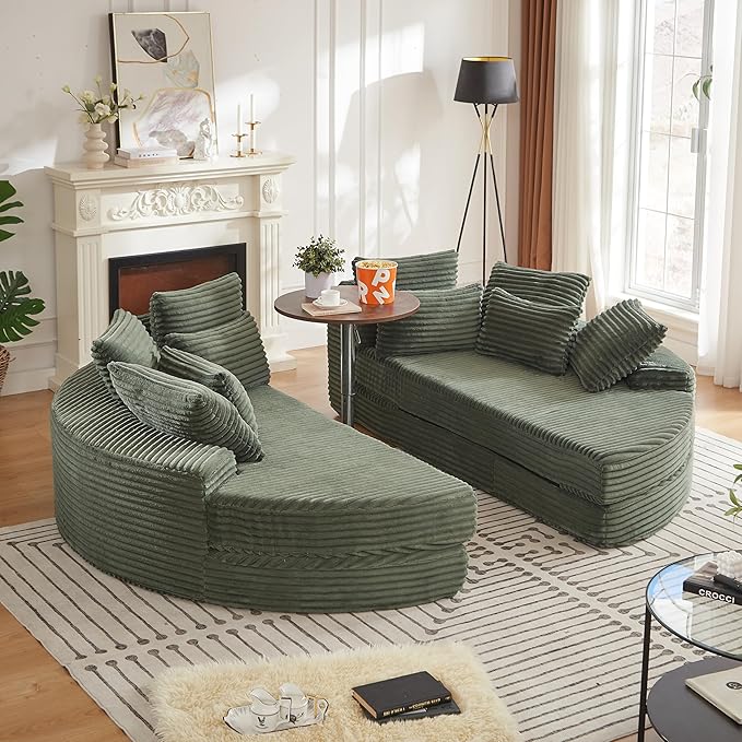 78.5 Oversized Round Chaise LoungeModular Convertible 2-in-1 Sofa Bed Upholstered CorduroyBoneless Plush Couches with PillowNo Assembly RequiredGreen