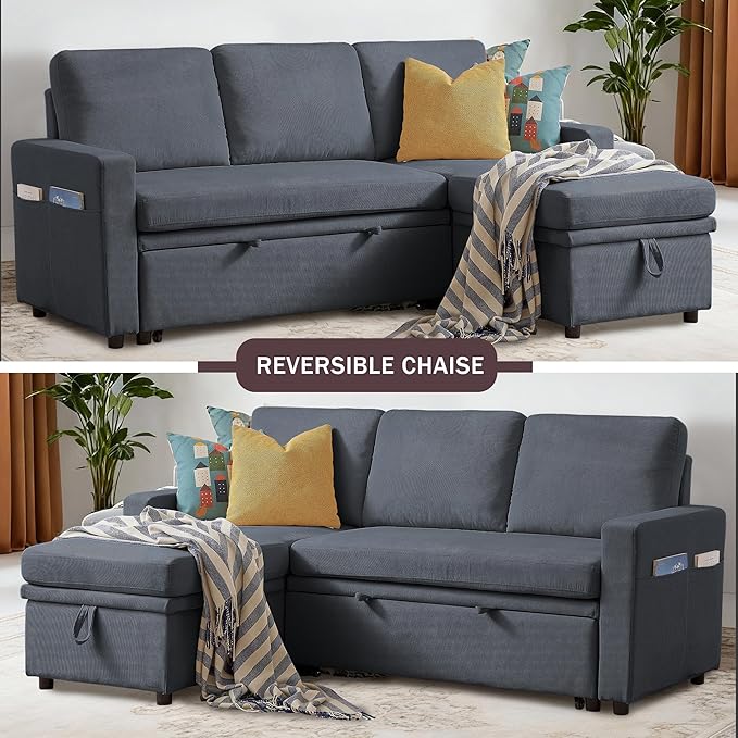 Convertible Sleeper Sofa Bed 79 Pull Out Bed L-Shape Sectional Couch with Reversible Storage Chaise Soft Cushions 3 in 1 Modern Pullout Bed for Living Room Dark Grey