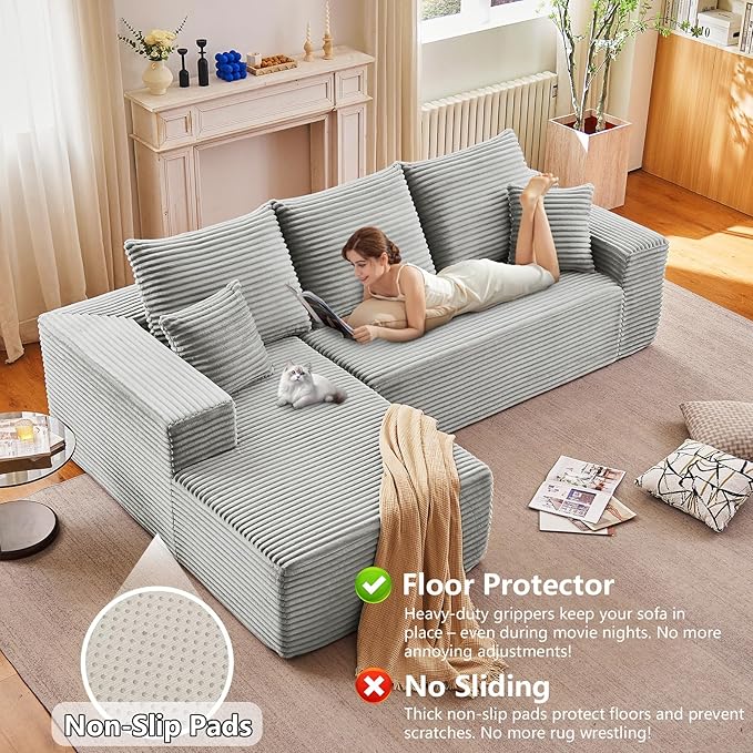 96 Modular Sectional Sofa Modern Corduroy Cloud Couch with Deep Seat Boneless Couch Upholstered 3-Seater L-Shaped Sofa for Living Room No Assembly Required (Light Gray Left-Facing Chaise)