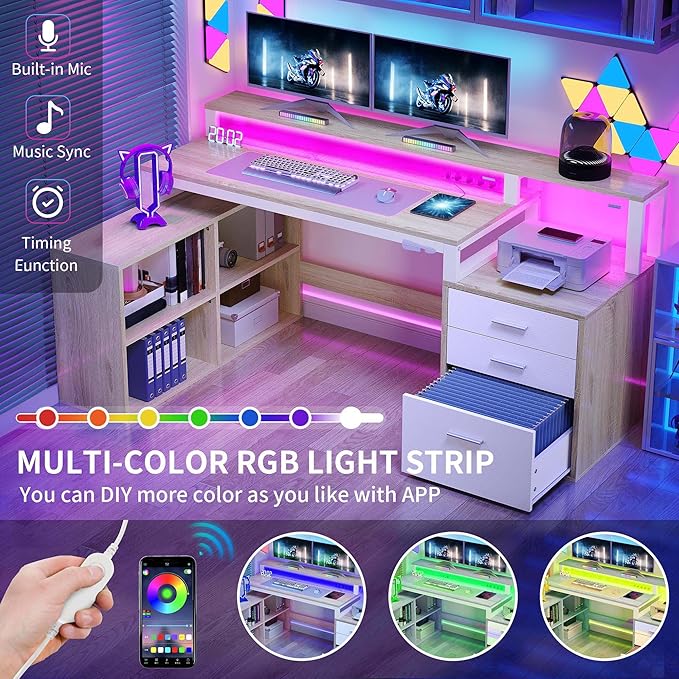 YITAHOME L Shaped Desk with 3 Drawers 65 Corner Computer Desk with Power Outlets &amp LED Lights L-Shaped Desk with File Cabinet &amp Printer Stand for Home Office White &amp Oak