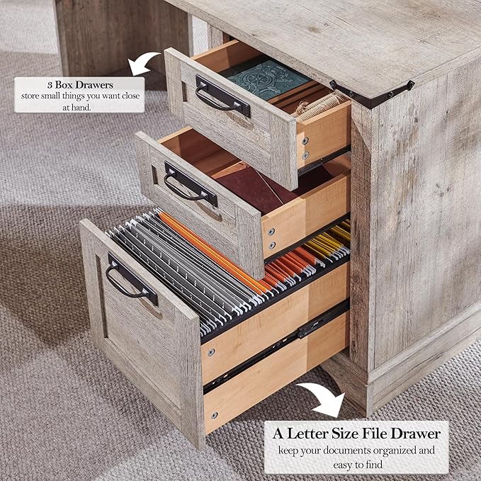 RedLemon 60 Farmhouse L Shaped Desk with Drawers Wood Home Office Corner Executive Desk with Charging Station File Drawer Storage Cabinet Rustic Computer Writing Desk (Light Rustic Oak)