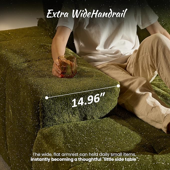 ovios 115 Cloud Boneless Couch with Glitter Fabric Moudular Sectional Sofa with Deep Seat No Assembly Required Modern Minimalist L Shaped Couches with Chaise for Living Room Green