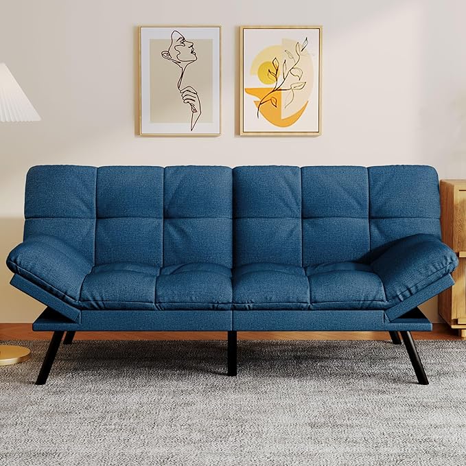 Convertible Futon Sofa BedLinen Futon Couch with Detachable CushionAdjustable Backrest &amp ArmrestModern Small Loveseat Sleeper Recliner for Living RoomOfficeApartmentBlue