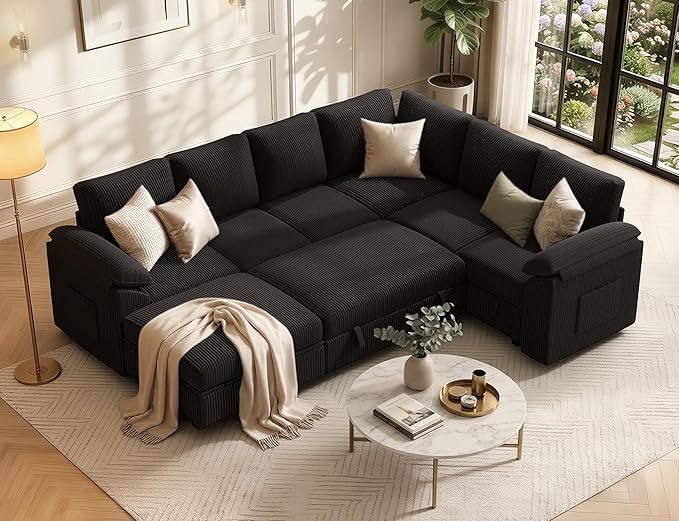 108 Inch Sectional Sleeper Sofa Bed with Pull Out Couch U Shaped 7 Seat Cloud Modular Sectional Sofa with Storage Corduroy Sectional Couches for Living Room Removable Sofa Cover Black