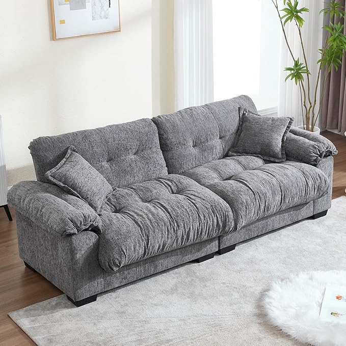 KIVENJAJA 90.5”W Oversized Cloud Loveseat Sofa Modern Chenille Tufted Deep Seat Sectional Couch Overstuffed Comfy Love seat with Pillows for Living Room Apartment Small Space Grey