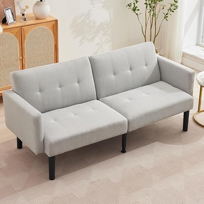 Convertible Futon Sofa Bed 75.5” Linen Flannel Loveseat Couch Bed With Solid Wood Legs &amp 700lbs Capacity Modern Adjustable Folding Recliner Sleeper Sofa for Living Room Apartment Office - Gray