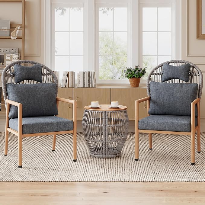 Modern Living Room Chairs Accent Chairs Set of 2 with Coffee Table Comfy Arm Chair with Cushions/Headrest Reading Lounge Chair Rattan Recliner Seating Braid Armchair for Bedroom Grey