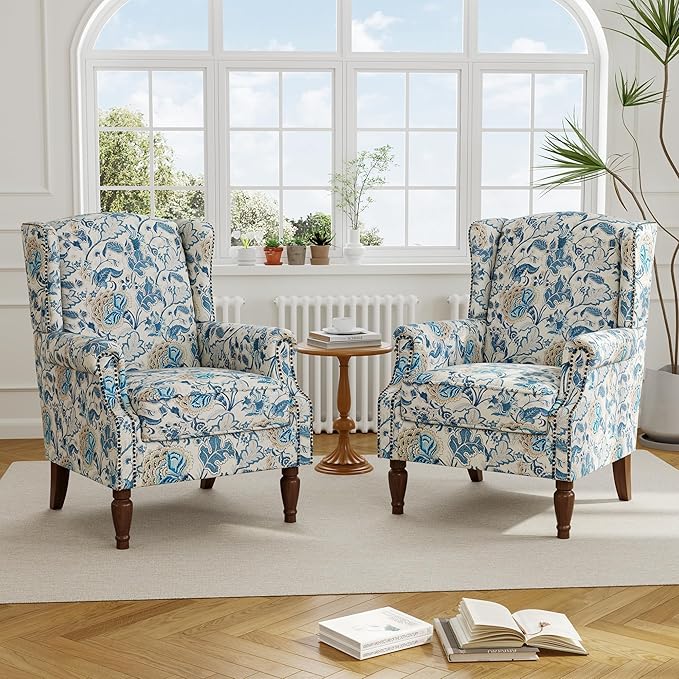 Floral High Back Accent Chair Upholstered Armchair with Solid Wood Legs Comfy Wingback Reading Single Sofa Chair for Small Spaces Living Room Bedroom(Floral Boho Blue Set of 1)