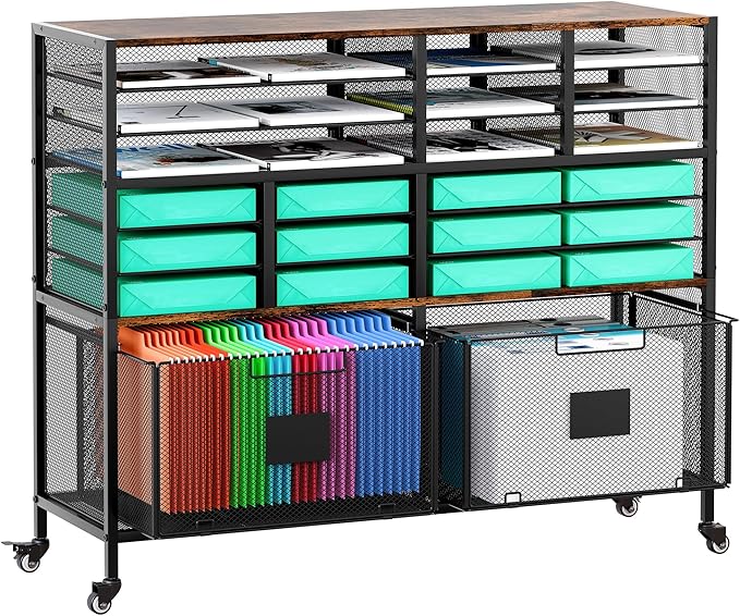 EasyPAG Rolling Cart with 2 Storage Drawer Under Desk Filling Cabinet with Mail Sorter Pull Out Hanging File Rack for Letter Size Folders Mobile Utility Craft Cart for Home Office Black