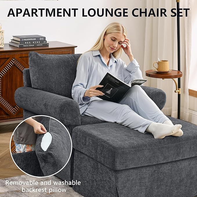 Living Room Chairs with Ottoman Small Accent Chair for Bedroom Single Sofa Couch with Chenille Fabric for Apartment and Small Places (Dark Grey)
