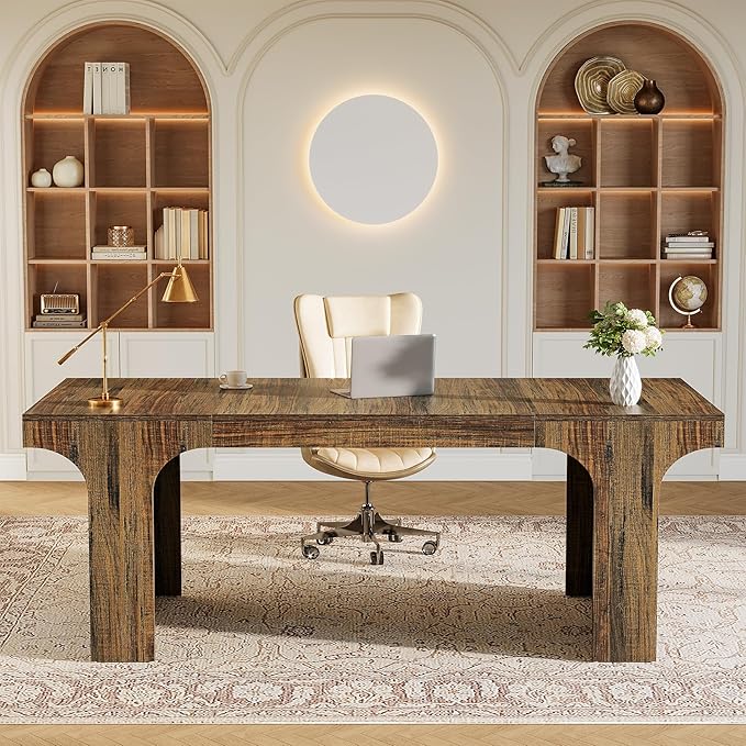 Tribesigns 70.87 Executive Office Desk Large Workspace Computer Desk Rustic Wooden Writing Table Simple Business Furniture with Arched Design for Home Office Rustic Brown
