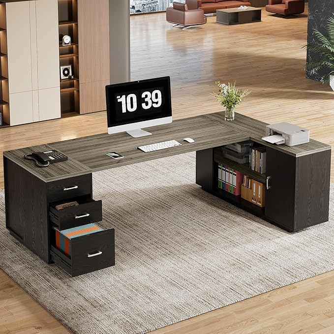 Tribesigns 85.8-Inch L-Shaped Executive Desk with File Drawers Door Cabinet &amp Shelves Extra Large Commercial Office Desk Modern Professional Office Table Business Furniture Grey &amp Black