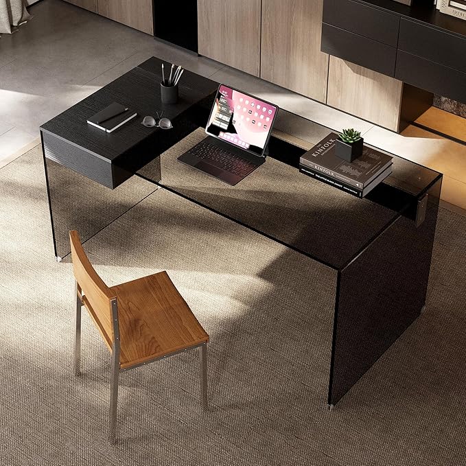 53.14 Modern Tempered Glass Executive Desk with Drawer Black Wood Finish and Tempered Glass Legs – Minimalist Stylish Workstation Table for Home Office