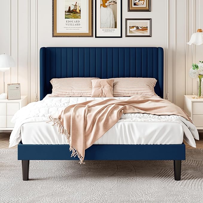 SHA CERLIN Queen Size Velvet Bed Frame with Vertical Channel Tufted Wingback Headboard Upholstered Platform Bed with Wood Slats No Box Spring Needed Easy Assembly Blue