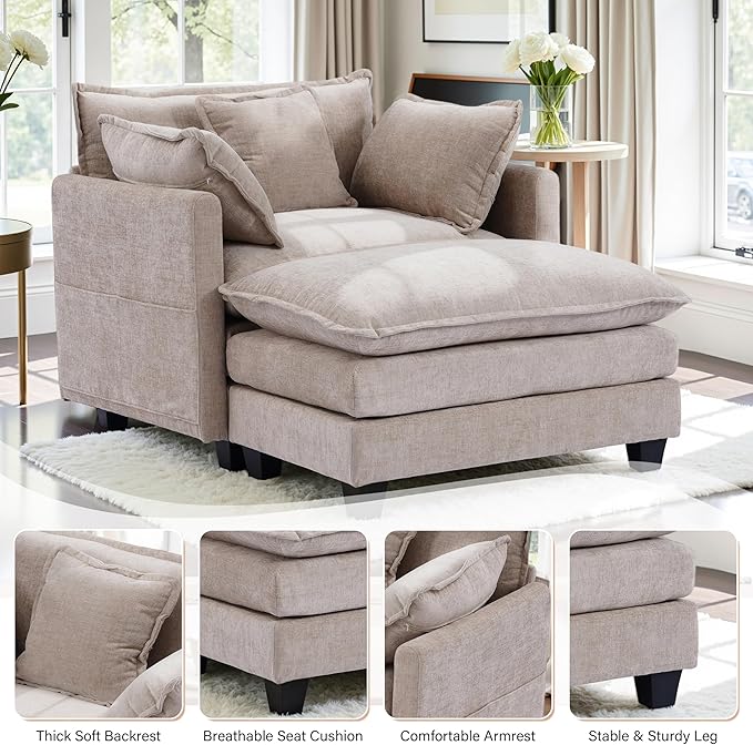 Winterstorm Chenille Oversized Chair with Ottoman - 40 W Comfy Accent Chair and Ottoman Set Single Large Cloud Sofa Armchair with Extra Deep Seat for Apartment Living Room (Khaki)