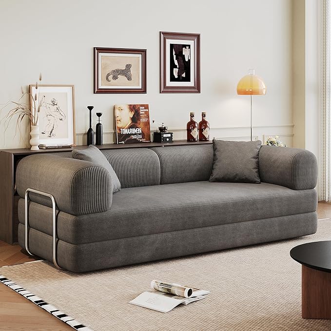 Convertible Sleeper Sofa Bed 79 Modular Boneless Couch Bed Foldable Sleeper Loveseat Sofa Bed for Living Room Corduroy Fabric No Assembly Required Queen to King Size Grey