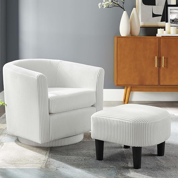 Green Swivel Accent Chair with Ottoman 360° Barrel Chairs with Foot Stool Comfy Reading Chair with Removable Pillow &amp 2 Armrest Covers for Living Room Small Spaces Bedroom Chenille (Black (smal