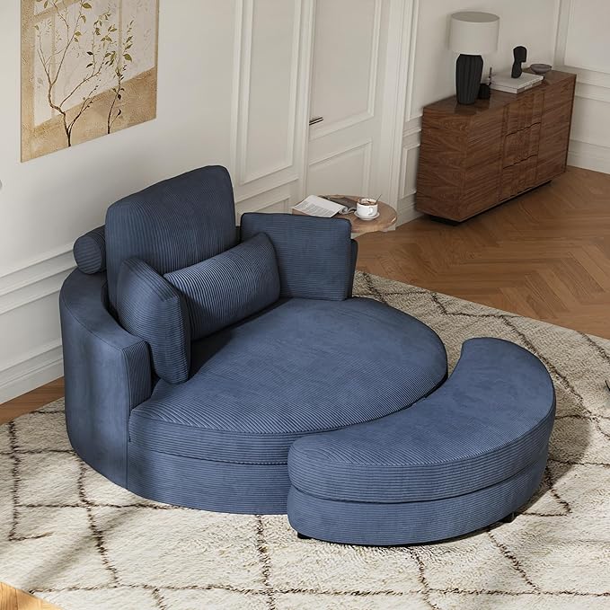 DEINPPA 51'' Accent Swivel Barrel Chair with Storage Ottoman Modern Oversized Round Leisure Sofa Chaise with Tray Pillows Corduroy Upholstered Lounge Chair for Bedroom Living Room Hotel Club Blue