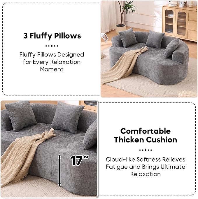 Loveseat Sectional Boneless Sofa for Living Room 79 Modern Luxury Chenille Sofa Extra Deep Seat Curved Cloud Floor Couch with 3 Throw Pillows for Small Spaces Grey